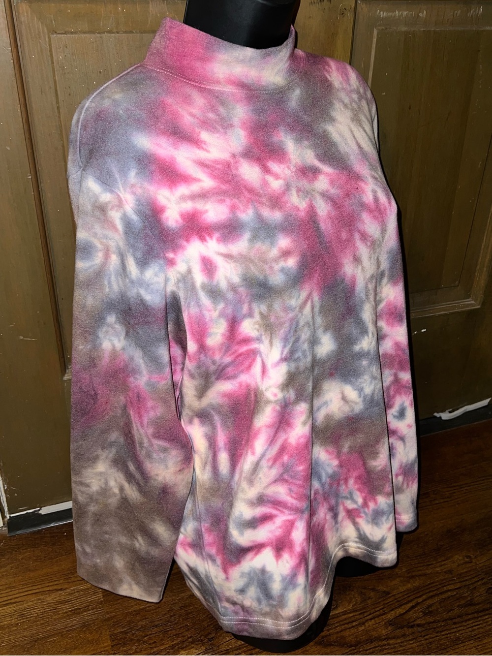 Ultra Soft Pink Tie Dye Gray Abstract Cozy Mock Neck Pullover Retro 90’s Size L - Picture 5 of 10